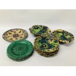 SET OF SIX MAJOLICA PLATES ALONG WITH A PAIR OF MATCHING TAZZAS (1 A/F) + 4 MAJOLICA WEDGWOOD GREEN