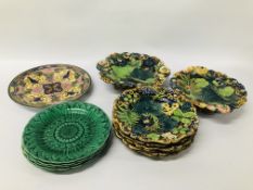 SET OF SIX MAJOLICA PLATES ALONG WITH A PAIR OF MATCHING TAZZAS (1 A/F) + 4 MAJOLICA WEDGWOOD GREEN