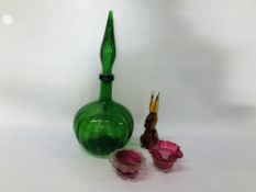 TWO VINTAGE CRANBERRY GLASS BOWLS ALONG WITH A GREEN GLASS DECANTER AND STOPPER AND AN ART GLASS