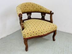 EDWARDIAN MAHOGANY LOW SEAT TUB STYLE CHAIR WITH UPHOLSTERED SEAT AND BACK