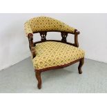 EDWARDIAN MAHOGANY LOW SEAT TUB STYLE CHAIR WITH UPHOLSTERED SEAT AND BACK