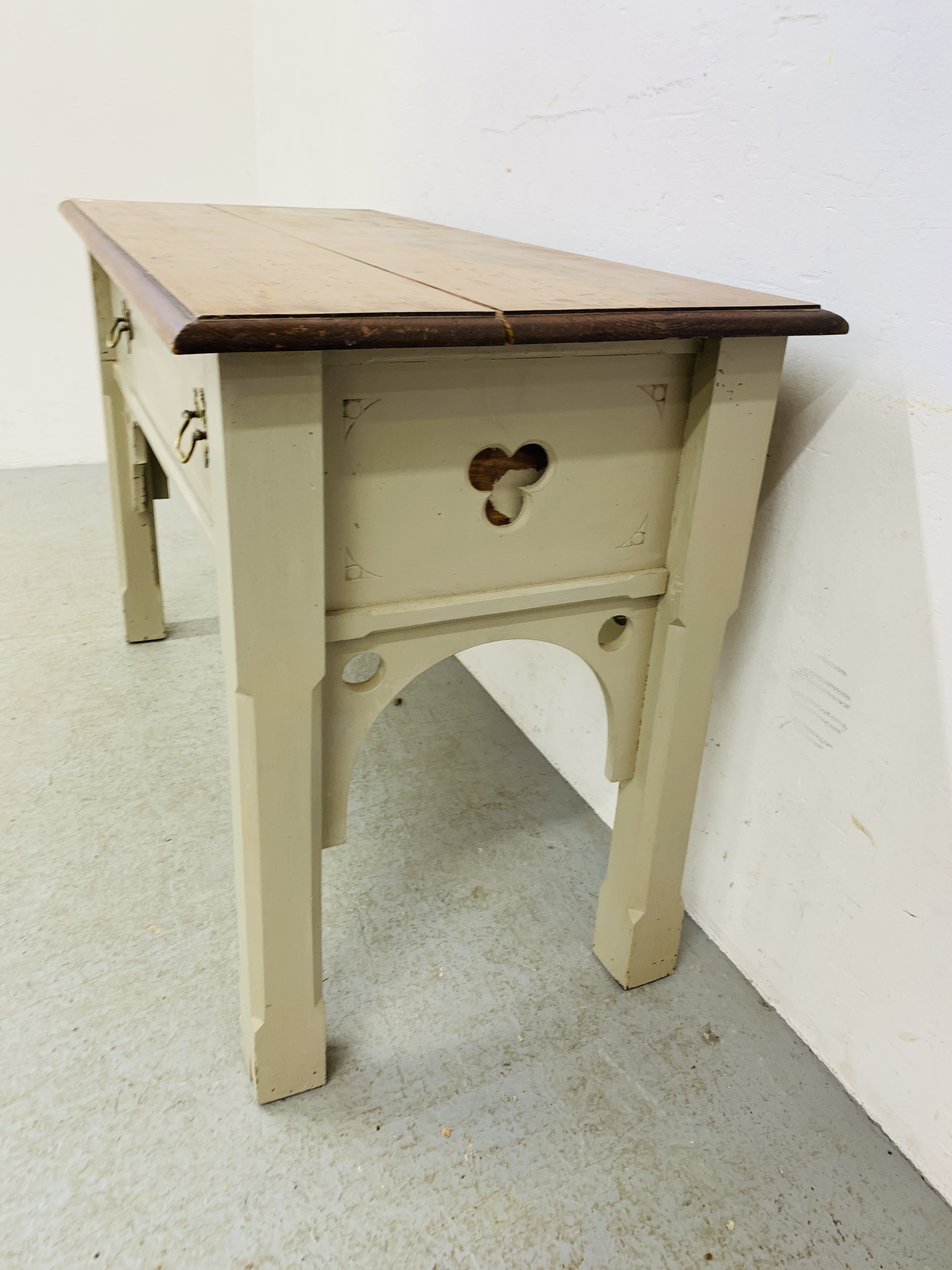 SOLID PINE SINGLE DRAWER SIDE TABLE WITH PITCH PINE TOP AND PAINTED BASE L 122CM, D 56CM, - Image 8 of 8