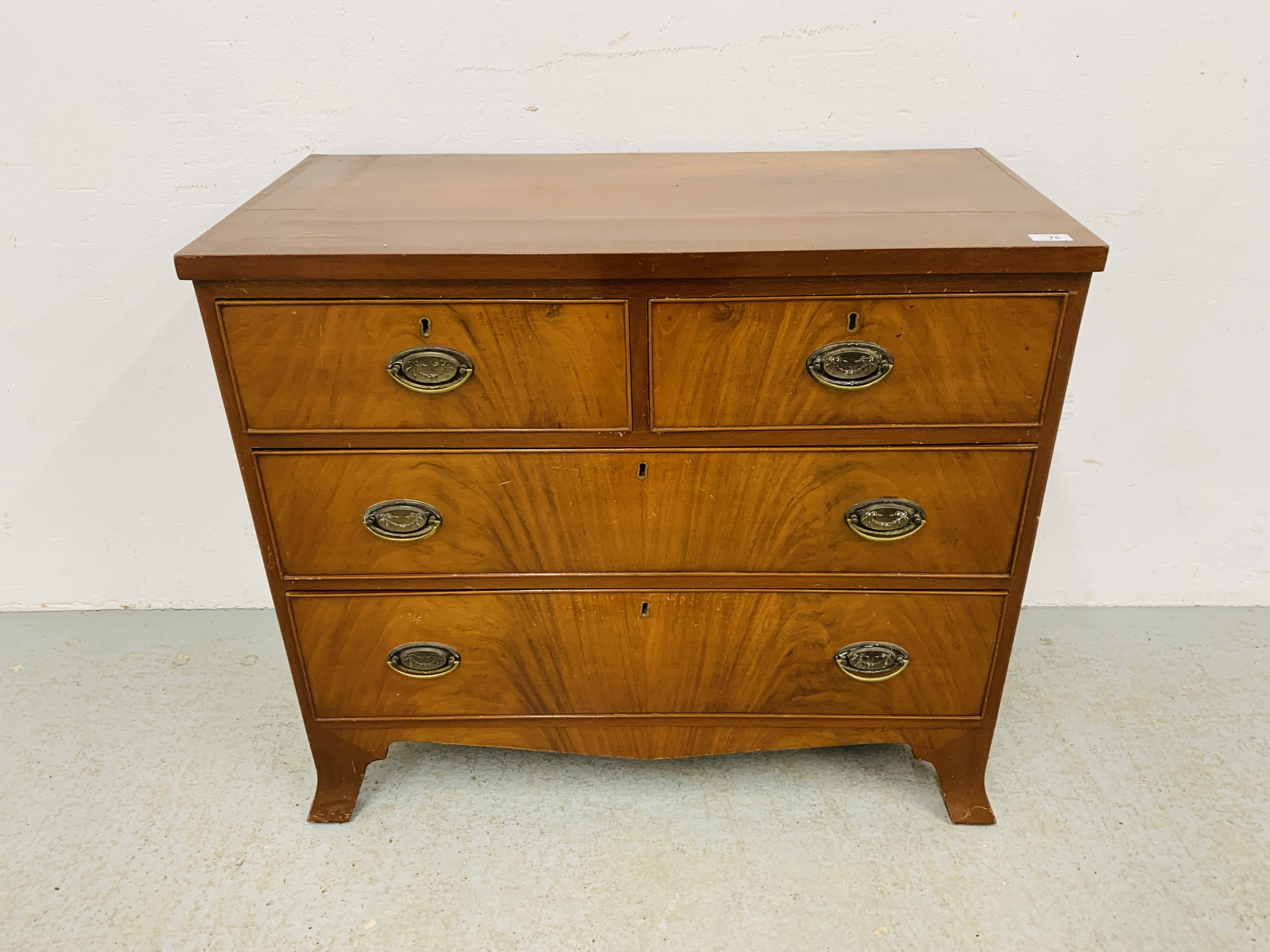AN EARLY C19TH EDWARDIAN TWO OVER TWO DRAWER CHEST WITH BRASS HANDLES - W 91CM. D 44CM. H 80CM.
