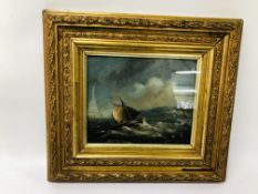 GILT FRAMED OIL ON BOARD SEASCAPE BEARING SIGNATURE JOHN MOORE IPSWICH - W 20CM X H 17CM.