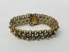 A 9CT GOLD BRACELET SET WITH ALTERNATING TURQUOISE AND PEARLS