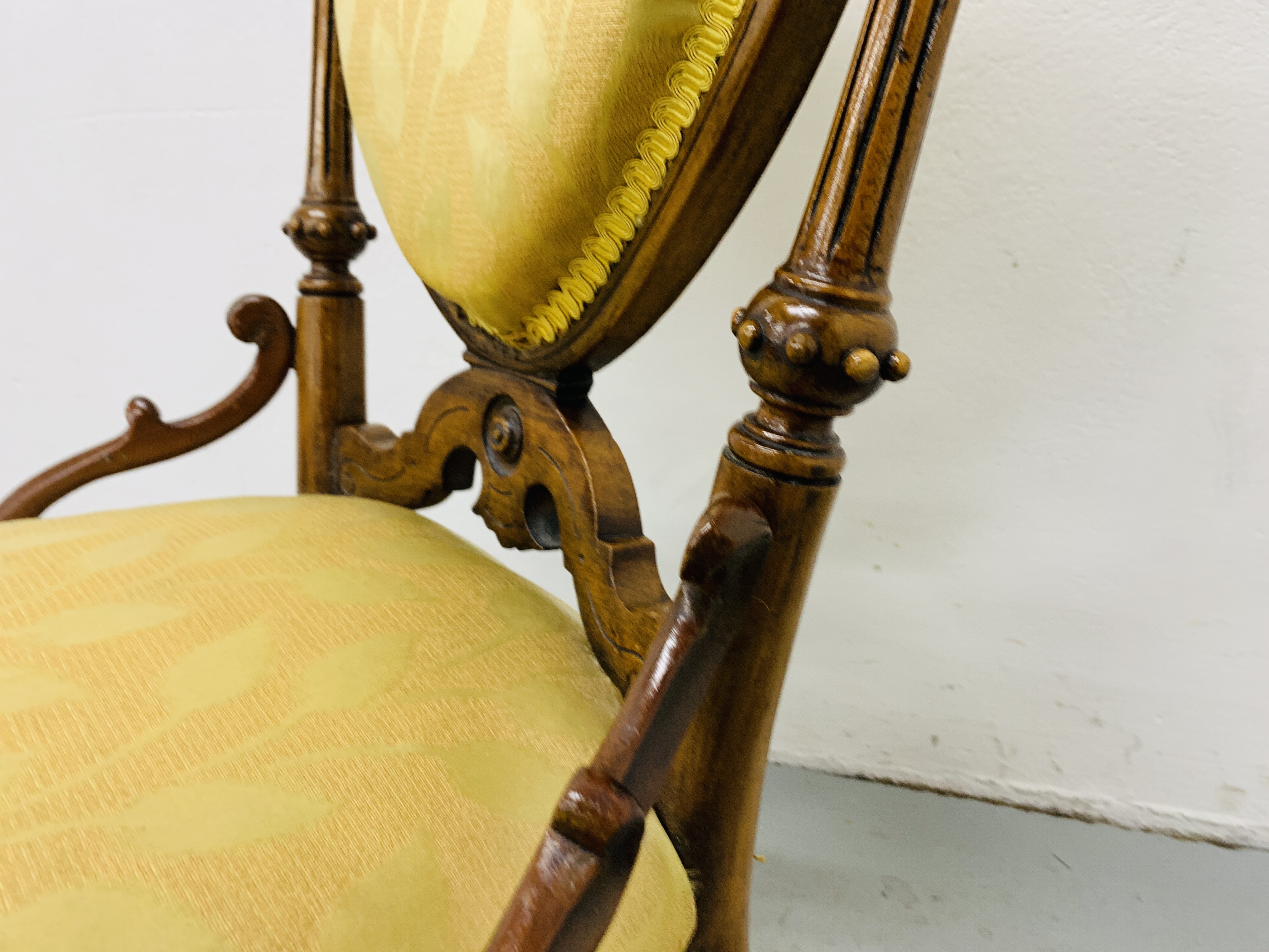 VICTORIAN ORNATE WALNUT NURSING CHAIR, WITH GOLD UPHOLSTERED SEAT AND BACK - H 85CM. - Image 5 of 9