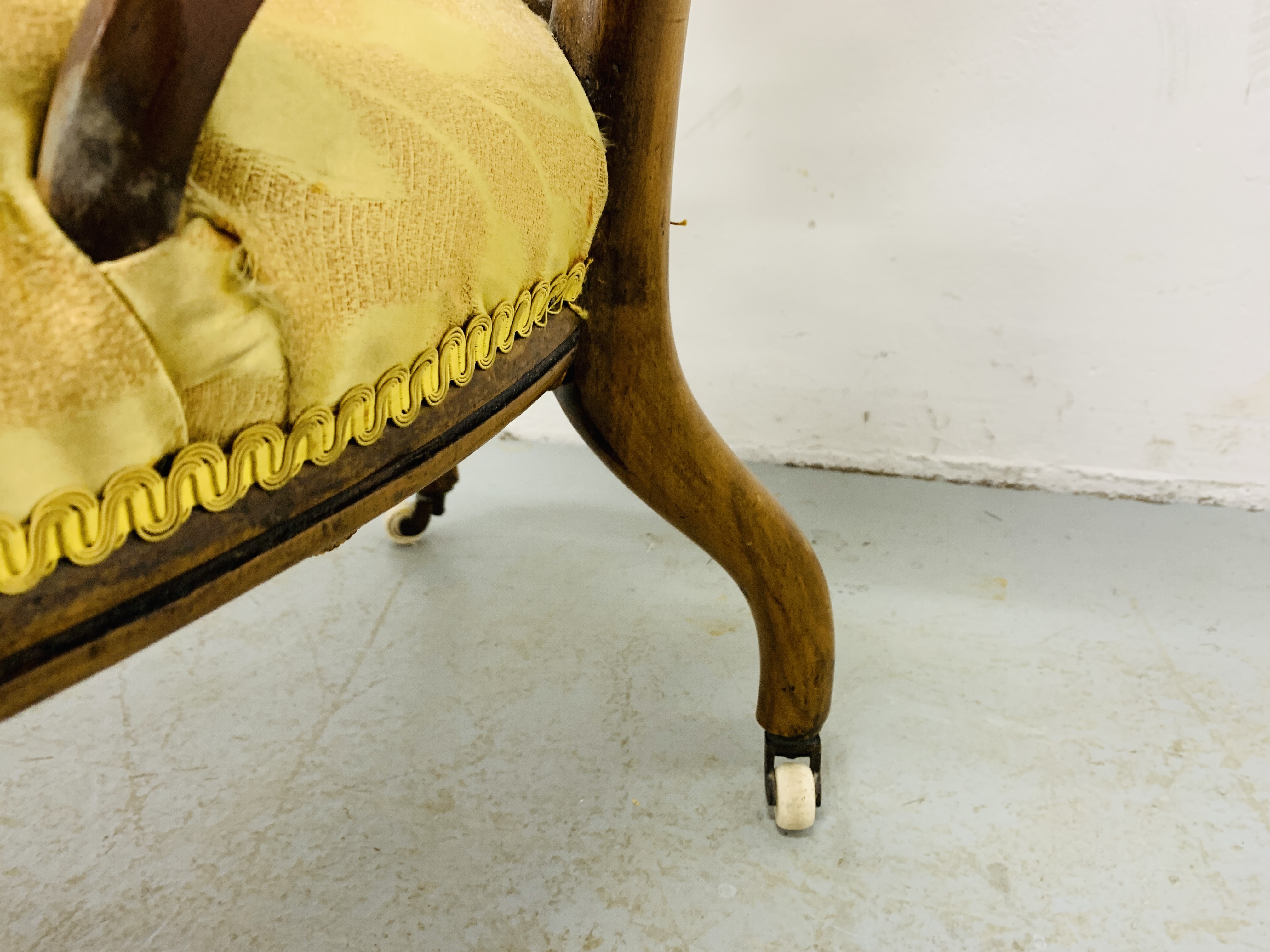 VICTORIAN ORNATE WALNUT NURSING CHAIR, WITH GOLD UPHOLSTERED SEAT AND BACK - H 85CM. - Image 6 of 9