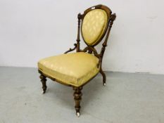 VICTORIAN ORNATE WALNUT NURSING CHAIR, WITH GOLD UPHOLSTERED SEAT AND BACK - H 85CM.