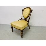 VICTORIAN ORNATE WALNUT NURSING CHAIR, WITH GOLD UPHOLSTERED SEAT AND BACK - H 85CM.