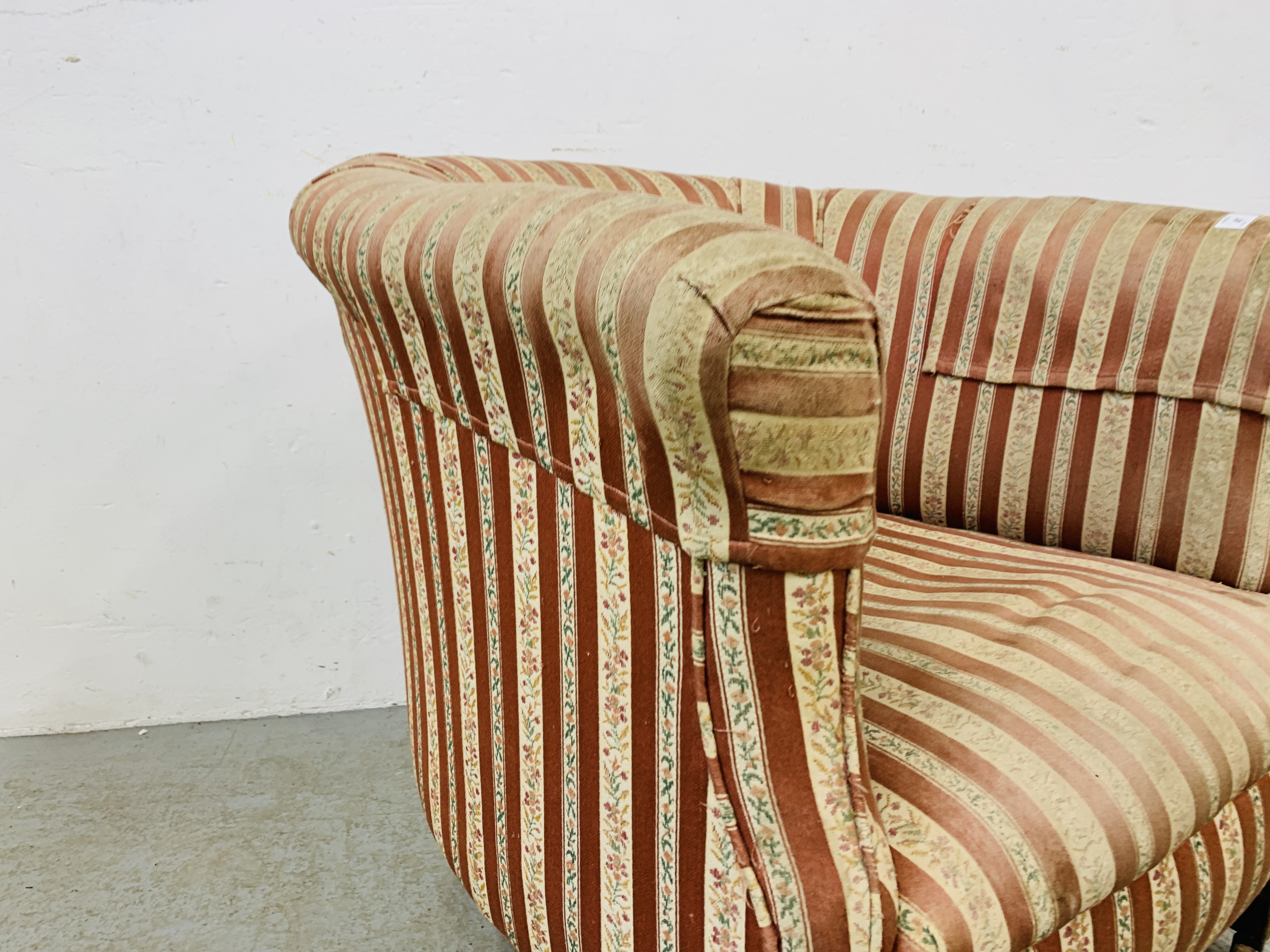 ANTIQUE TUB CHAIR, ORIGINAL STRIPPED MATERIAL, - Image 3 of 7