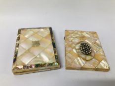 2 X VICTORIAN MOTHER OF PEAL CARD CASES - ONE HAVING ABOLONE DECORATION, THE OTHER A JEWELLED MOUNT.