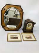 1920's, 30's OAK CASED STRIKING MANTEL CLOCK AND OAK CASED WALL MIRRORS (MIRROR - W 50CM X H 60CM.