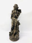 ANTIQUE FRENCH BRONZE EFFECT RESIN STUDY OF A YOUNG WOMAN CLUTCHING 2 DOVES BEARING SIGNATURE