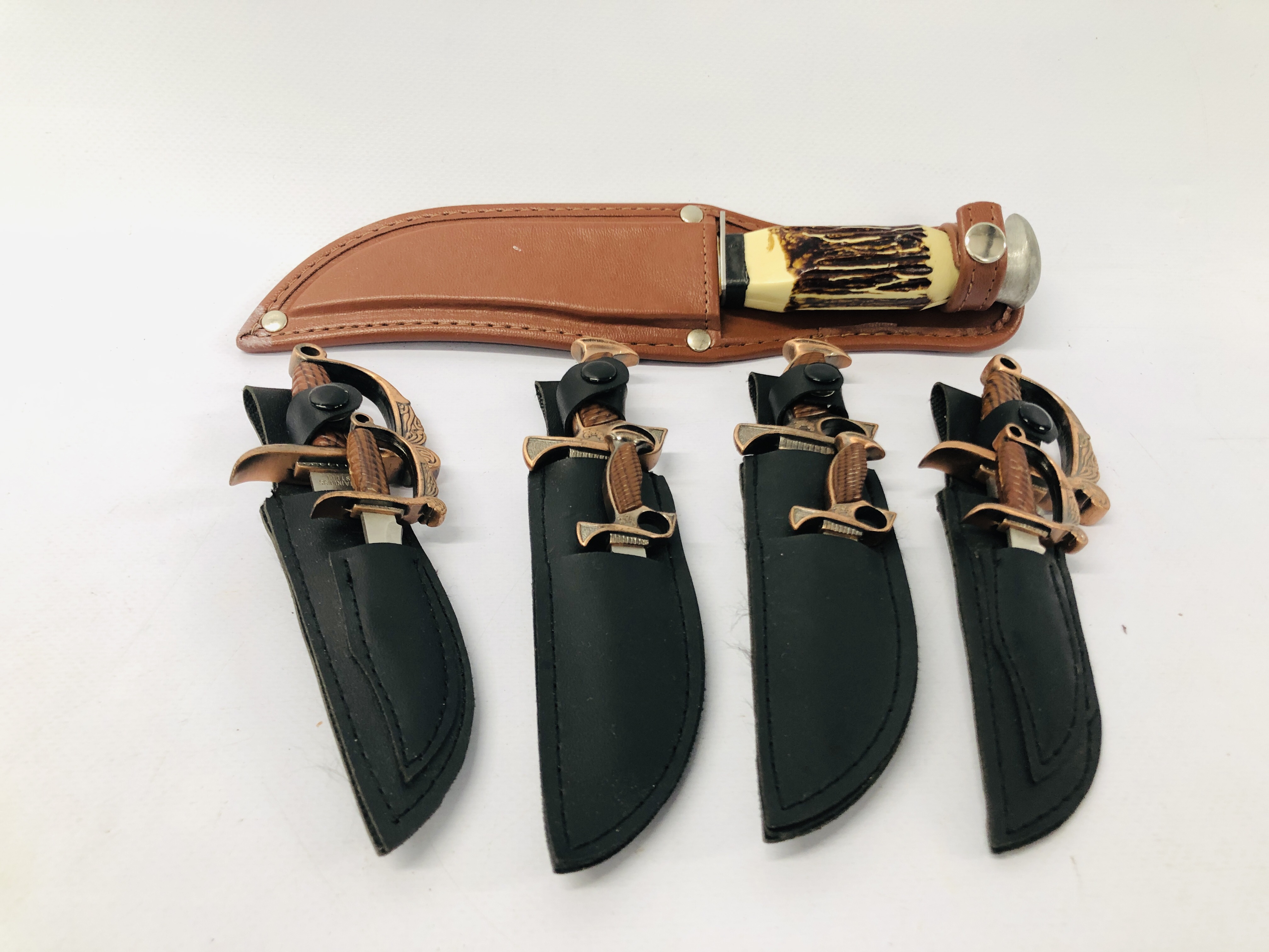TRAMONTINA KNIFE IN SHEAF + 4 SMALL POCKET KNIVES AND MINIATURES IN SHEAF - CONDITION OF SALE,