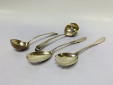 2 GEORGE III SILVER SAUCE LADLES, ALONG WITH A PAIR OF SALAD SERVERS,