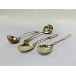 2 GEORGE III SILVER SAUCE LADLES, ALONG WITH A PAIR OF SALAD SERVERS,