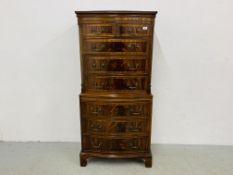 REPRODUCTION 2 OVER 6 DRAWER CHEST ON CHEST WITH BRASS HANDLES - W 76CM. D 48CM. H 154CM.