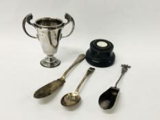 "GARRARD & Co LTD" 2 HANDLED TROPHY CUP AND STAND H 8CM (NOT INCLUDING STAND), SILVER BUTTER KNIFE,