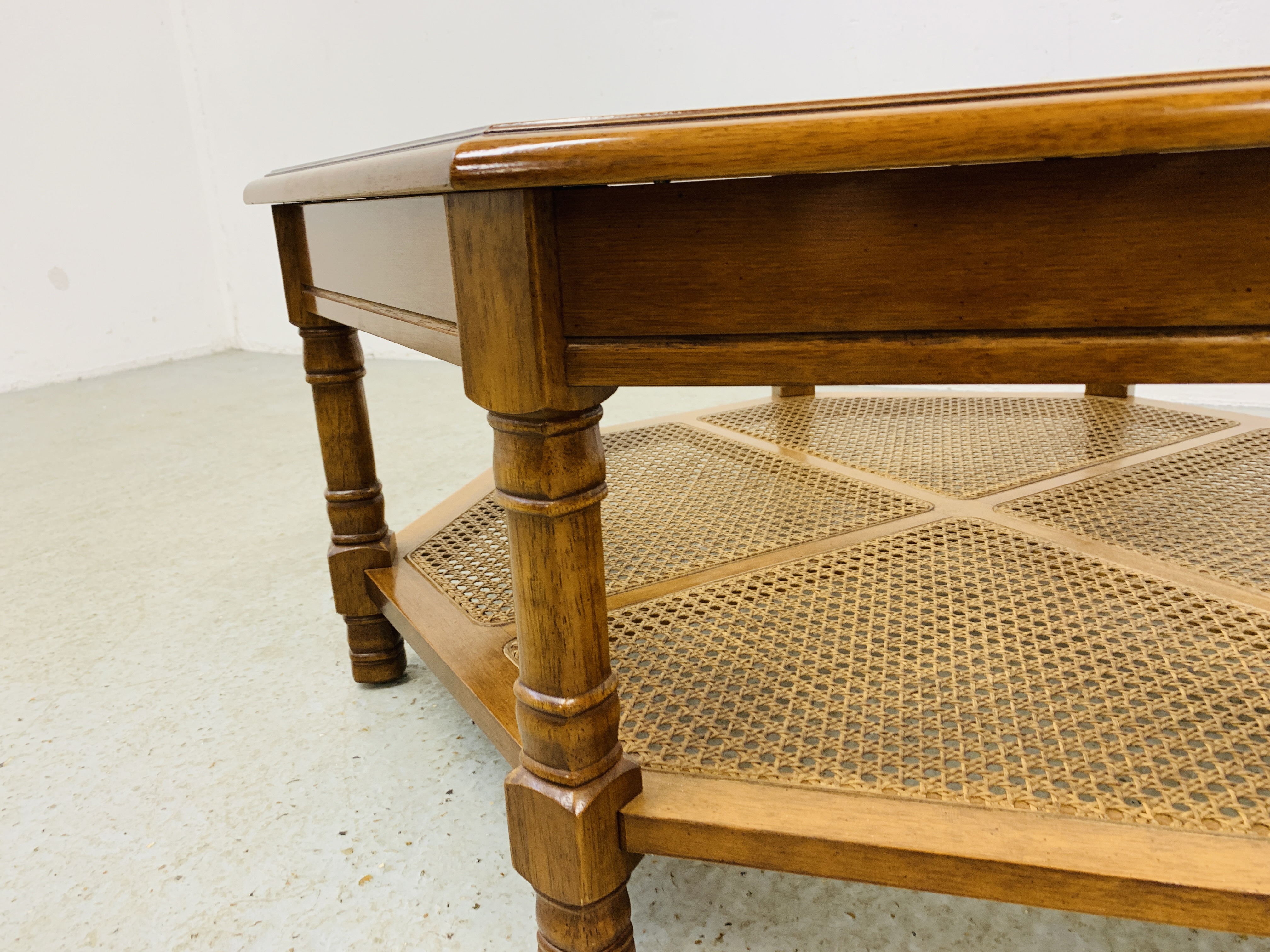 MODERN OCTAGON GLAZED COFFEE TABLE WITH RATTAN LOWER TIER - W 96CM. D 96CM. H 39CM. - Image 4 of 6