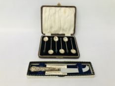 A CASED SET OF SIX SILVER "COFFEE BEAN" SPOONS AND BOXED SILVER HANDLED CHEESE KNIVE