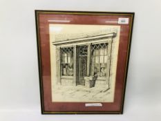 FRAMED PEN & INK DRAWING OF A YARMOUTH SHOP FRONT BEARING SIGNATURE NOEL SPENCER 1960 - H 33CM.