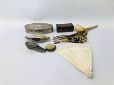 BOX OF ASSORTED COLLECTIBLES TO INCLUDE A CLAY PIPE, HAIR COMB, FAN, SHELL PURSE, TRINKET BOX ETC.