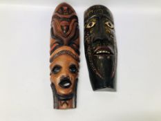 2 HARDWOOD AFRICAN TRIBAL REPRODUCTION WALL MASKS