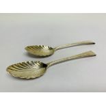 A PAIR OF BRIGHT-CUT AND SHELL SILVER SERVING SPOONS, R CROSSELEY,