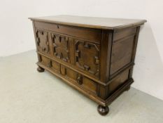 ANTIQUE OAK COFFER WITH TWO DRAWERS IN THE JACOBEAN STYLE - W 131CM. D 55CM. H 79CM.