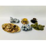 COLLECTION OF MINIATURE TEASETS ALONG WITH AYNSLEY FRUIT PATTERN CUP AND SAUCERS + CROWN DEVON