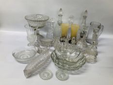 A GROUP OF C20TH GLASS DECANTERS - ONE HAVING A VINTAGE CERAMIC PORT LABEL ALONG WITH VARIOUS - A