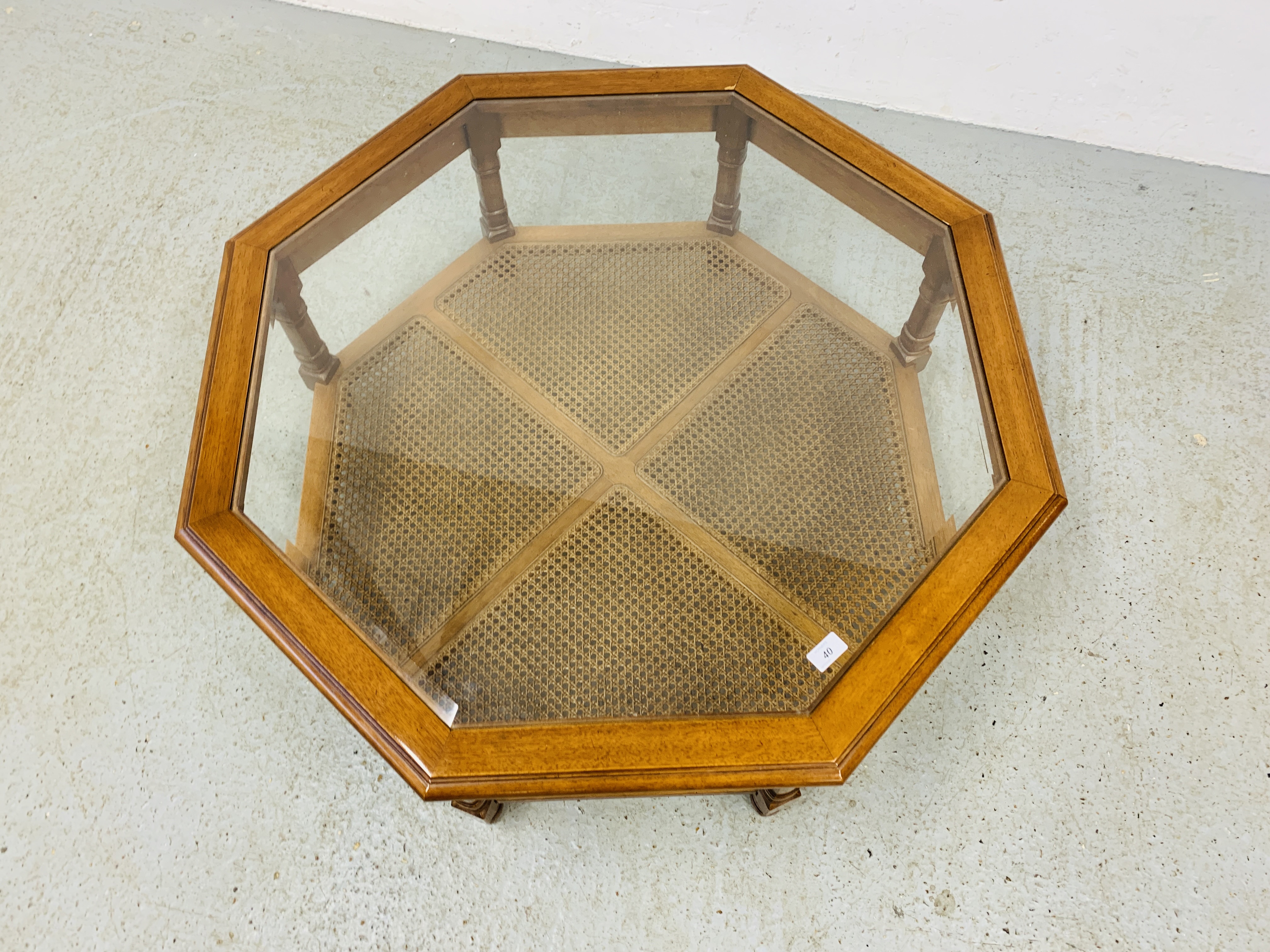 MODERN OCTAGON GLAZED COFFEE TABLE WITH RATTAN LOWER TIER - W 96CM. D 96CM. H 39CM. - Image 2 of 6