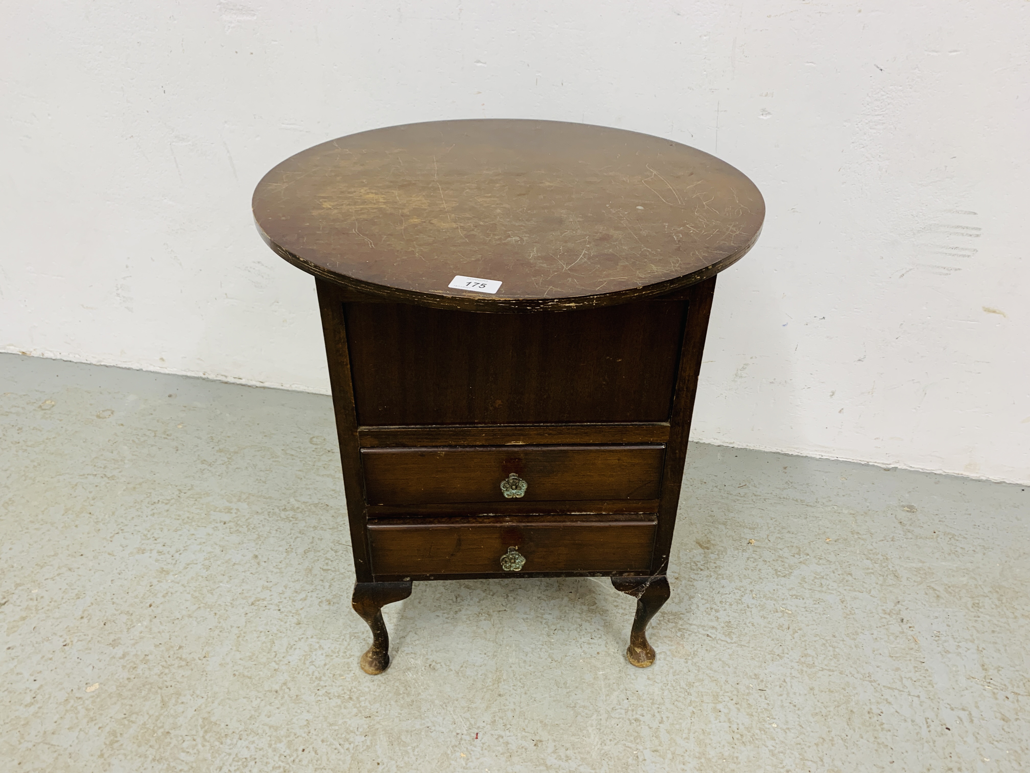 VINTAGE MAHOGANY 2 DRAWER SEWING TABLE, CIRCULAR HINGED TOP - DIAMETER 50CM. H 55CM.