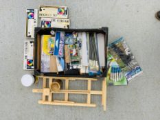 A BOX CONTAINING ARTISTS EQUIPMENT TO INCLUDE PAINTS, BRUSHES, EASEL,