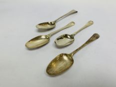 3 MID-C18TH HANOVERIAN PATTERN SILVER SERVING SPOONS, ONE BY W SCARLETT, LONDON 1732,