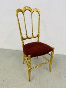 VINTAGE GOLD FINISH BANQUETING CHAIR, RED VELVET SEAT COVER - H 98CM.