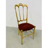 VINTAGE GOLD FINISH BANQUETING CHAIR, RED VELVET SEAT COVER - H 98CM.