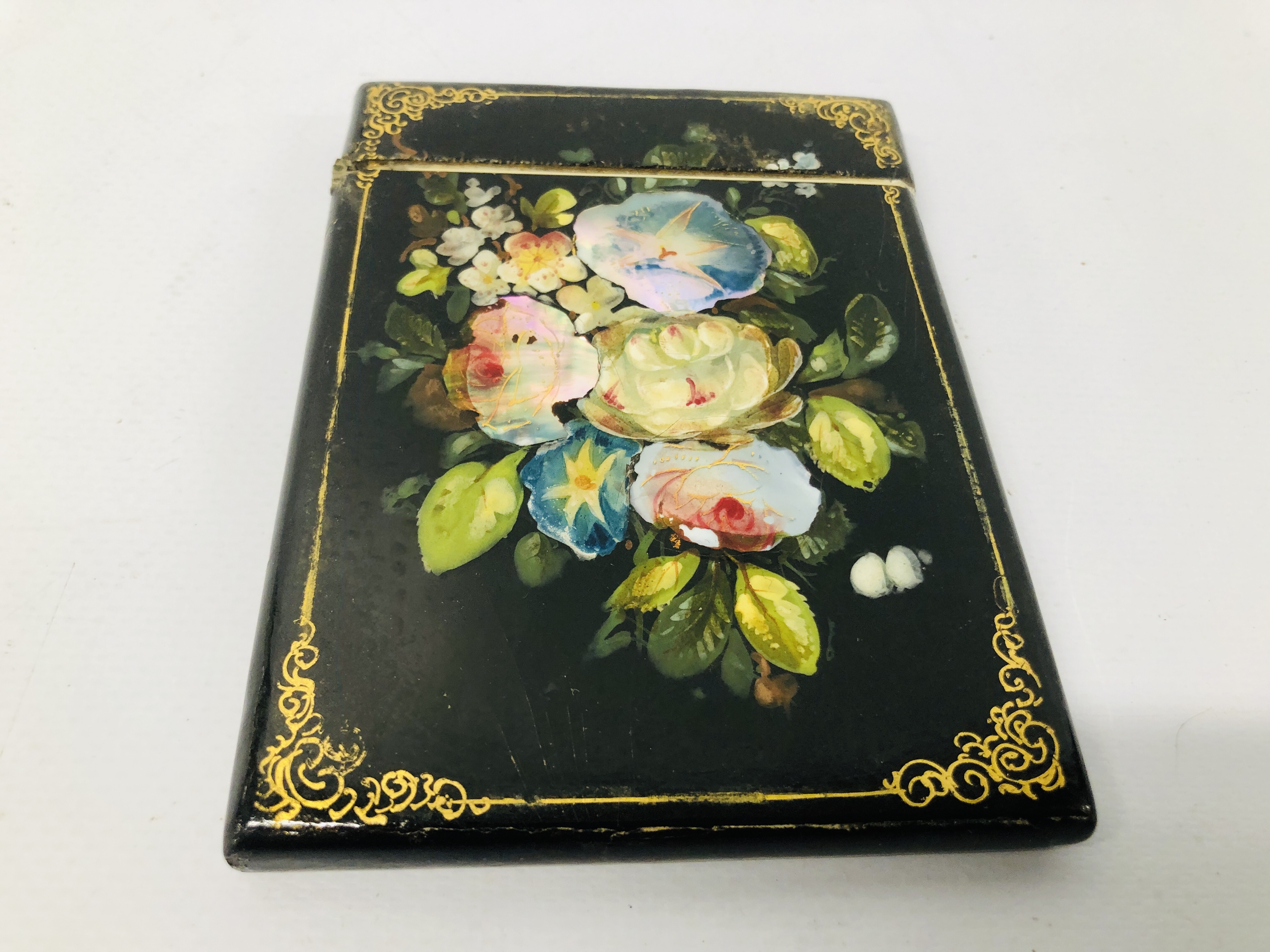 2 X VICTORIAN PAPIER MACHE CARD CASES BEAUTIFULLY DECORATED WITH HAND PAINTING MOTHER OF PEARL - Image 2 of 7