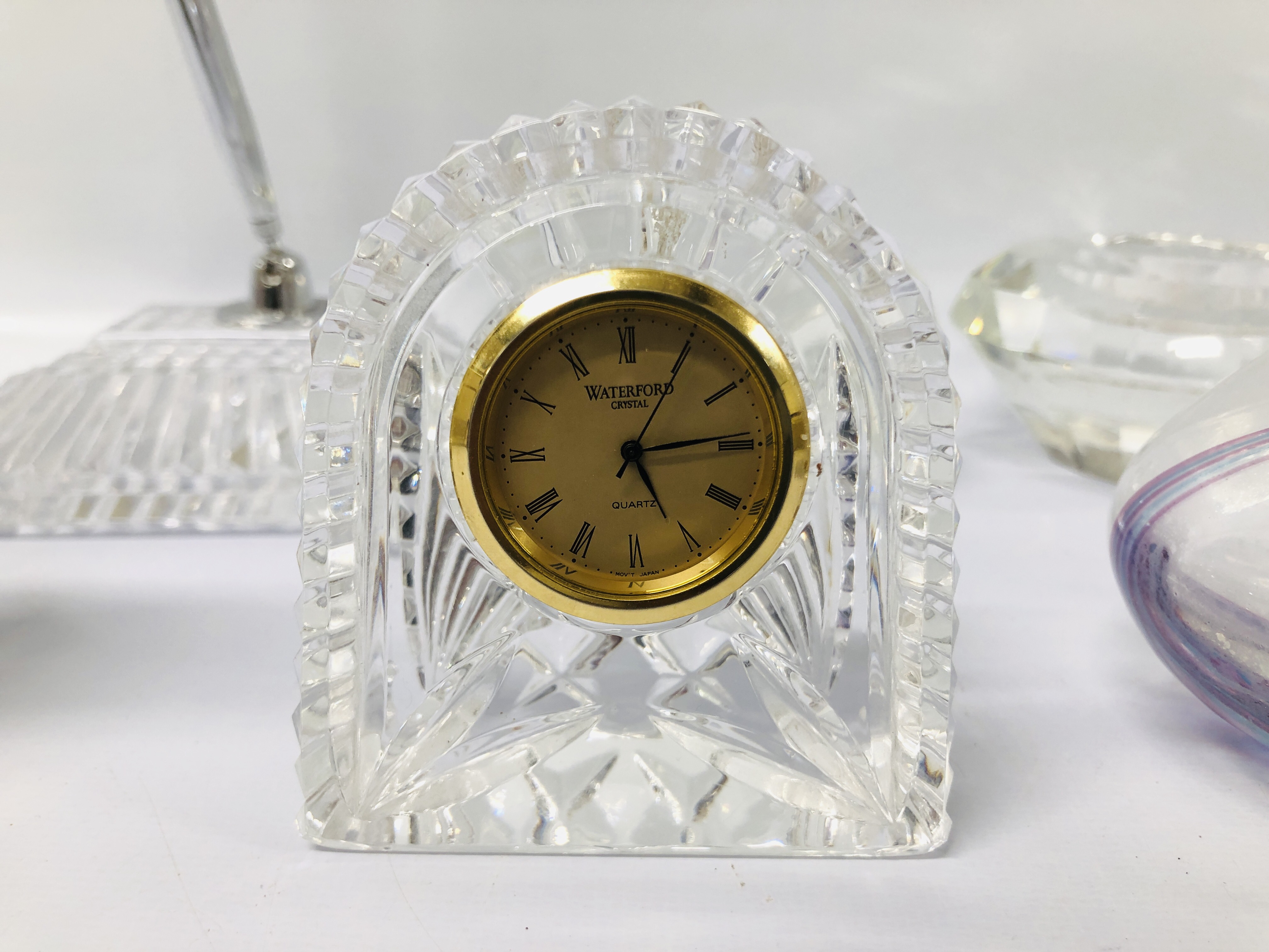 WATERFORD CRYSTAL PEN STAND AND CLOCK, 2 ART GLASS CANDLE STANDS, - Image 2 of 7