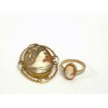 A 9CT CAMEO RING, A 9CT CAMEO BROOCH (overall weight 9.