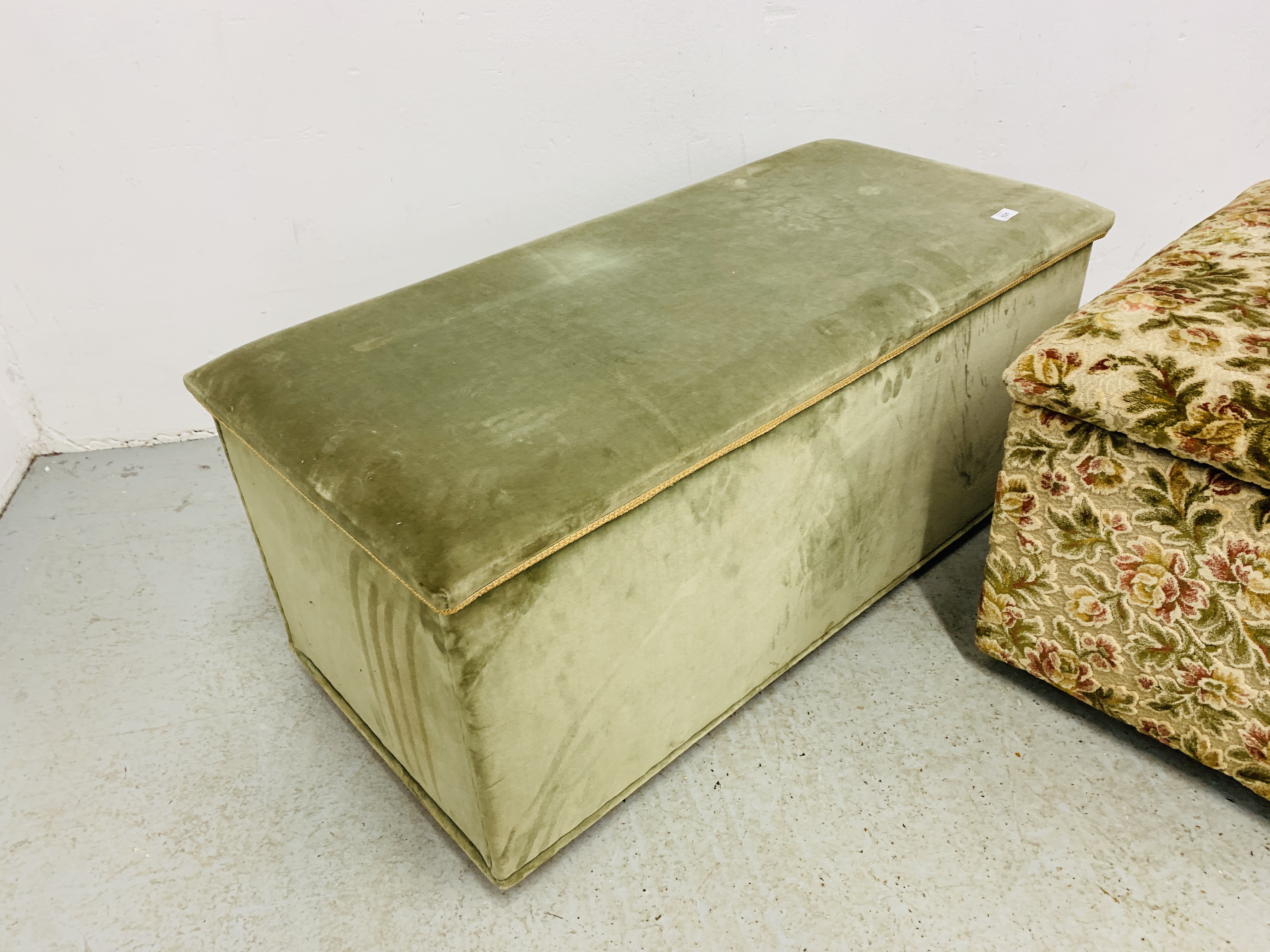 TWO UPHOLSTERED OTTOMANS (GREEN - W 109CM. D 52CM. H 44CM. PATTERNED W 78CM. D 57CM. H 42CM. - Image 4 of 5