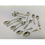 12 VARIOUS SILVER TEASPOONS, MAINLY GEORGIAN, SOME PAIRS, DIFFERENT DATES,