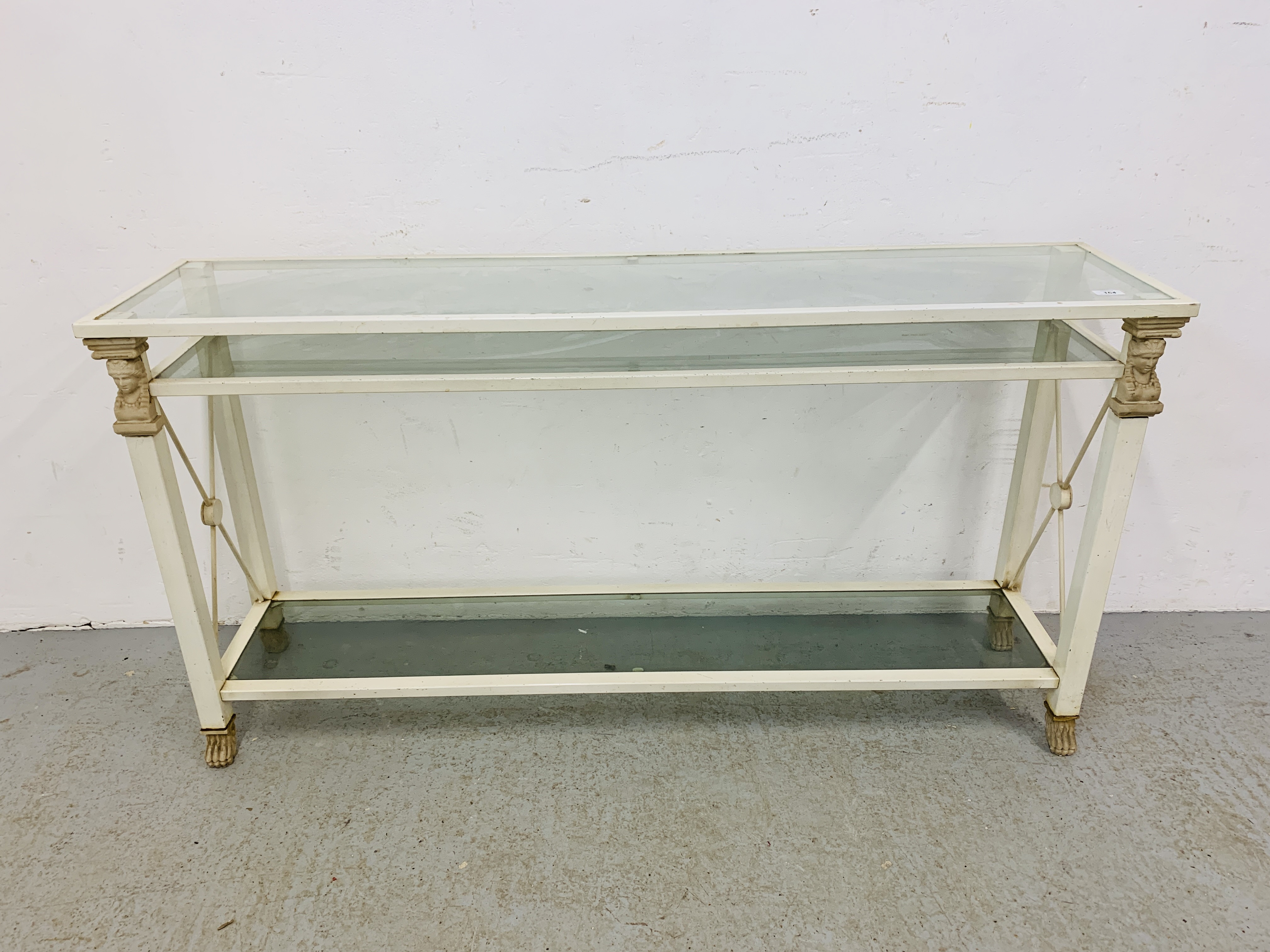 A METALCRAFT GLASS TOP SIDE TABLE L 150CM, D 36CM,