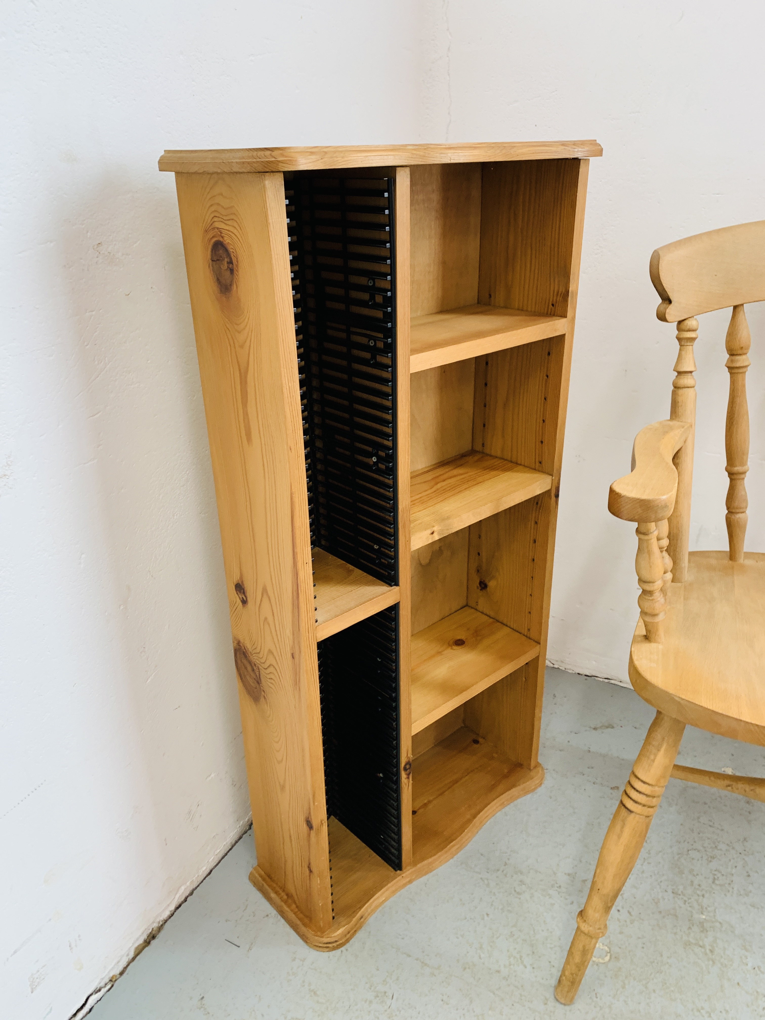 A BEECHWOOD TRADITIONAL ELBOW CHAIR AND WAXED PINE MEDIA STORAGE SHELF - Image 3 of 4