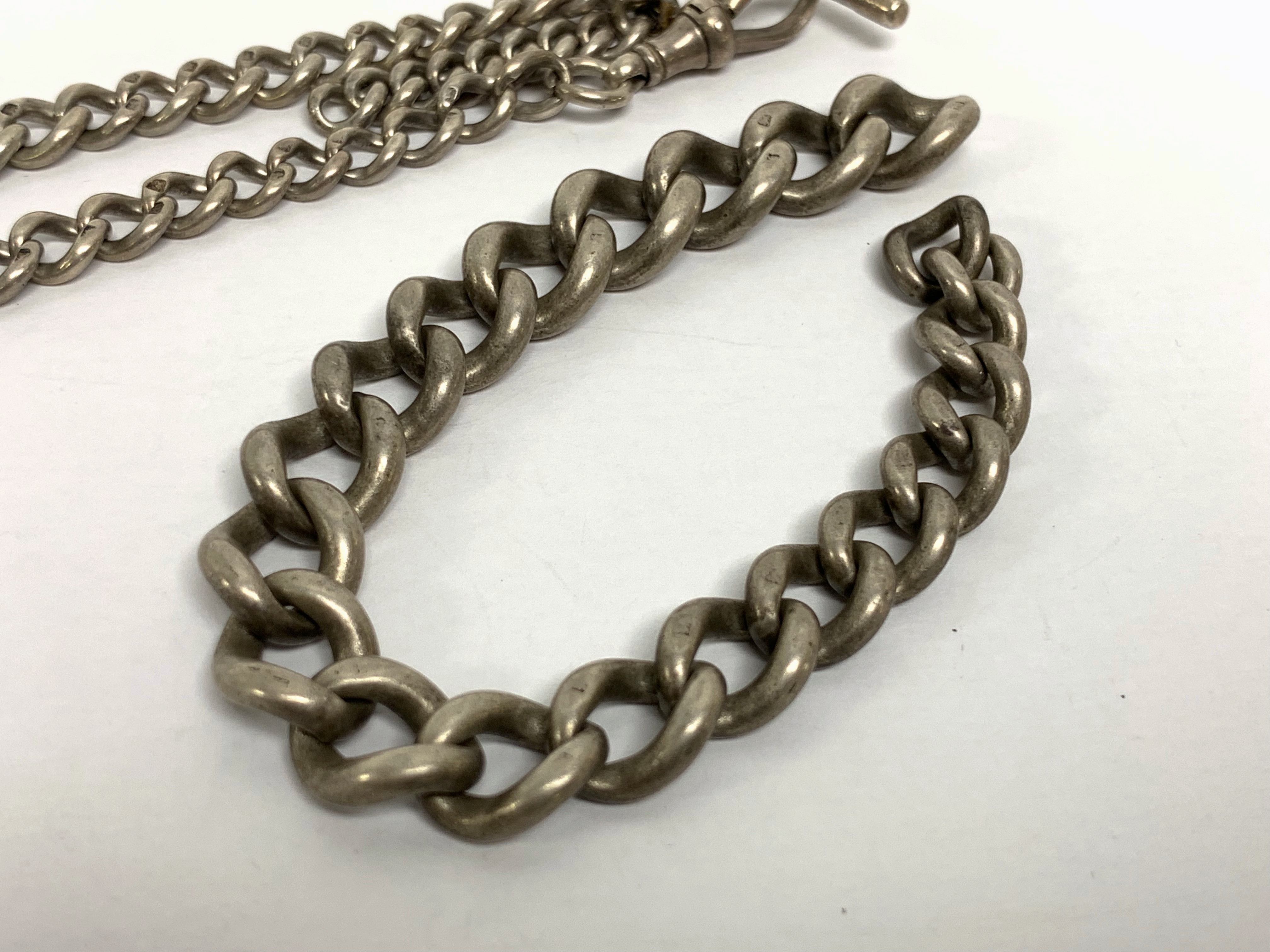 A SILVER WATCH CHAIN ALONG WITH A BROKEN SILVER CHAIN (75g in total) - Image 2 of 5