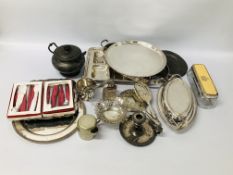 BOX OF ASSORTED VINTAGE PLATED WARE TO INCLUDE TUREEN, INK WELL, CHAMBER STICK,