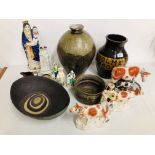 A GROUP OF VARIOUS STAFFORDSHIRE & QUIMPER PIECES TO INCLUDE, MADONNA & CHILD, CATTLE FIGURES,