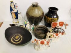 A GROUP OF VARIOUS STAFFORDSHIRE & QUIMPER PIECES TO INCLUDE, MADONNA & CHILD, CATTLE FIGURES,