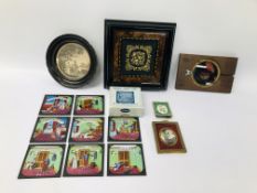 BOX OF ASSORTED COLLECTIBLES TO INCLUDE FRAMED ETCHING, BRASS FRAMED MINIATURE "LADY PAINTING",