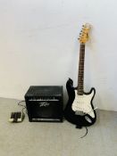 AN ENCORE ELECTRIC LEAD GUITAR WITH PEAVEY RAGE 158 PRACTICE AMP AND BEHRINGER FOOT PEDAL - SOLD AS